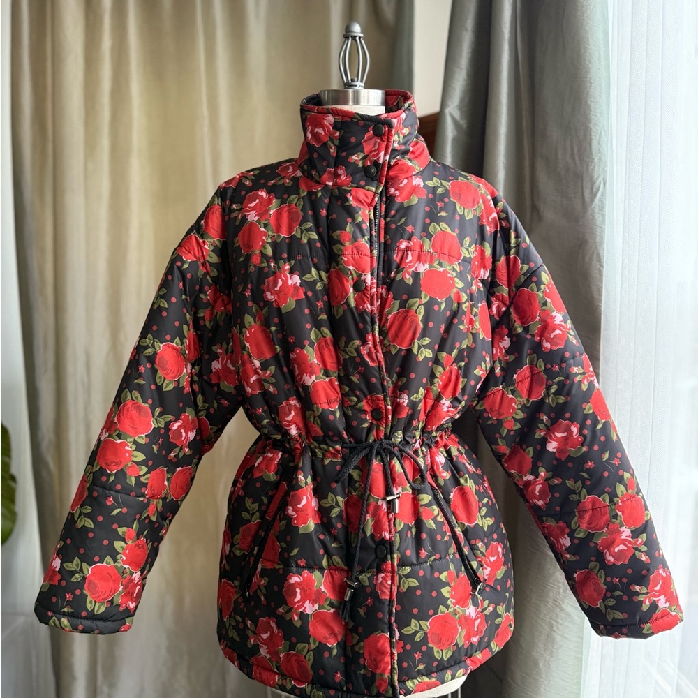 Rouje DAPHNE JACKET Black and Red Floral Puffer Jacket size 34 FR